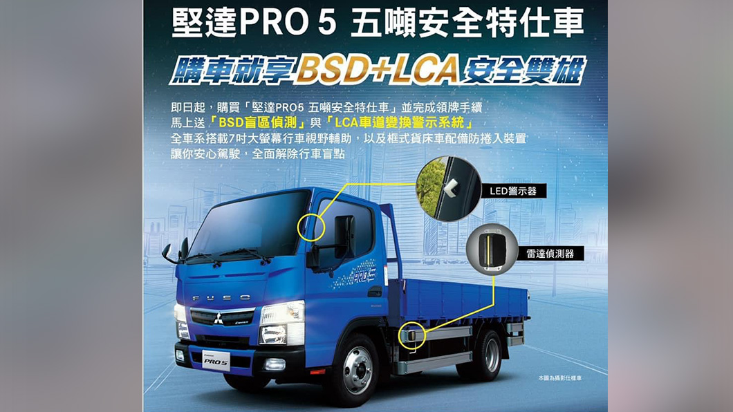 Fuso於8月宣布限量推出「堅達Pro 5安全特仕車」，全車系配備「7吋大螢幕行車視野輔助」，還搭載「BSD盲區偵測」與「LCA車道變換警示系統」（圖片來源/ Fuso）