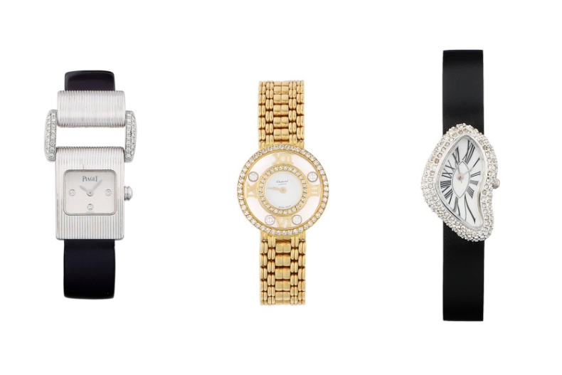 ▲Piaget Miss Protocol 黑色皮帶女錶、Chopard 透明錶盤金鍊鑽錶、Cartier Argent 變形母貝錶盤鑽錶