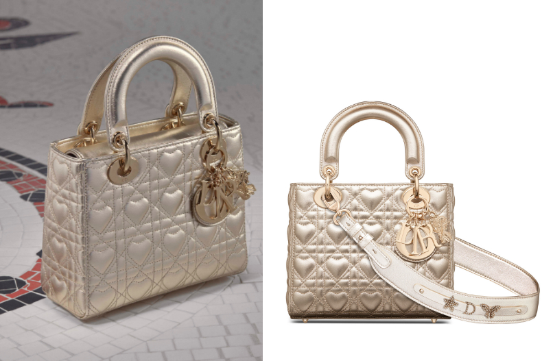 ▲DIOR情人節系列：Lady Dior 金色邱比特愛心籐格紋小羊皮小型提包，NT.150,000