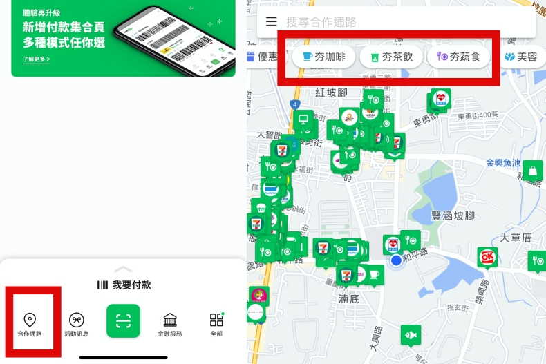 ▲從LINE Pay App左下方「合作通路」點入可獲贈紅包或LINE POINTS點數回饋