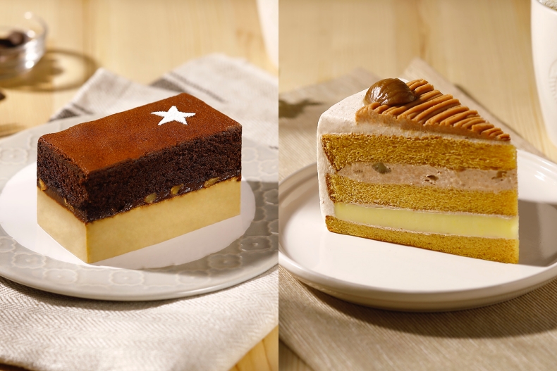 ▲巧克力焙茶起司蛋糕（左）、栗子布蕾焦糖蛋糕（右）