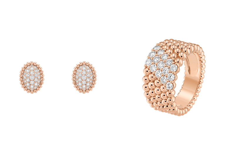 ▲Van Cleef & Arpels Perlée diamonds 密鑲鑽石玫瑰金耳環 & 五排玫瑰金金圓珠設計戒指
