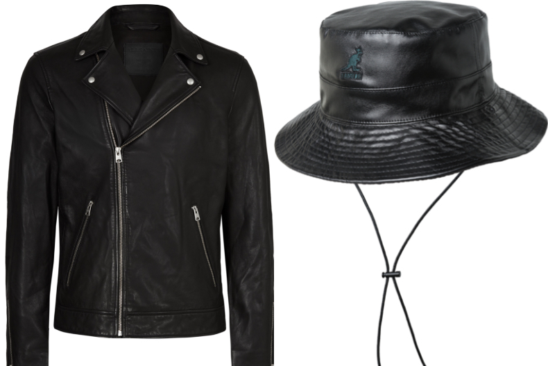 ▲ALLSAINTS TYSON騎士皮衣 18,600元/KANGOL FAU X LEATHER漁夫帽 2,280元
