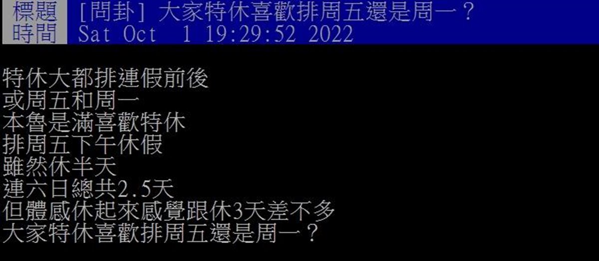 特休排星期幾爽度最高?網友一面倒大推「這天」,加碼用1招像放4天 特休排星期幾爽度最高?網友一面倒大推「這天」,加碼用1招像放4天