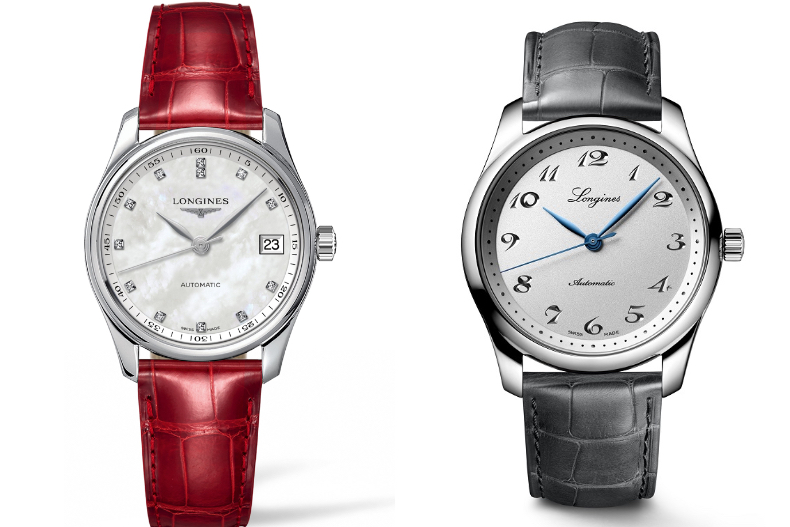 ▲巨擘系列白色珍珠母貝紅色皮革錶帶女士腕錶 售價79,900元/巨擘系列190週年紀念40毫米噴砂銀色面盤腕錶 售價74,300元