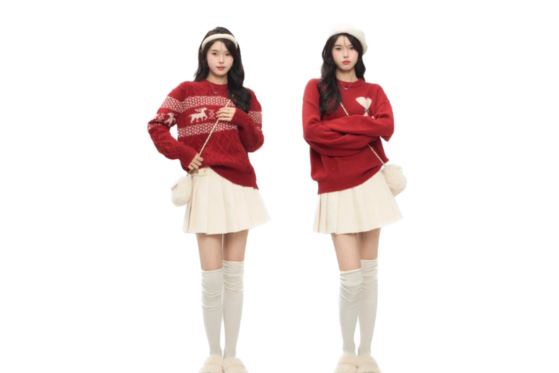 ▲紅色毛衣+白色裙子