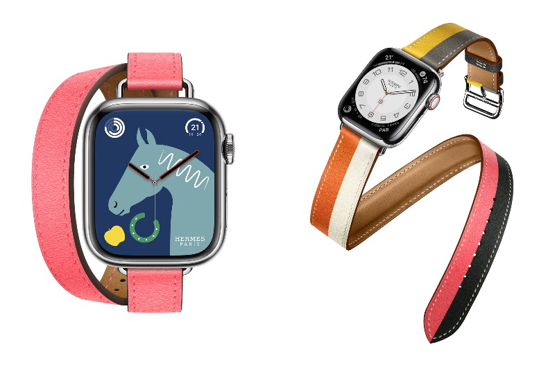 ▲Apple Watch Hermès 8系列：杜鵑粉Swift小牛皮單圈錶帶(左)，NT.43,400；Casaque橘白雙色Swift 小牛皮雙圈錶帶(右)，NT.47,400。