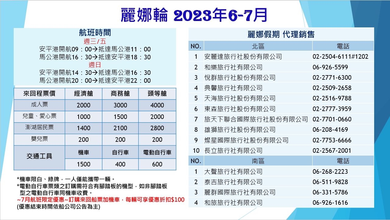 限時優惠快搶訂！７月起「帶機車搭麗娜輪」現省100元，暑假衝澎湖跳島遊