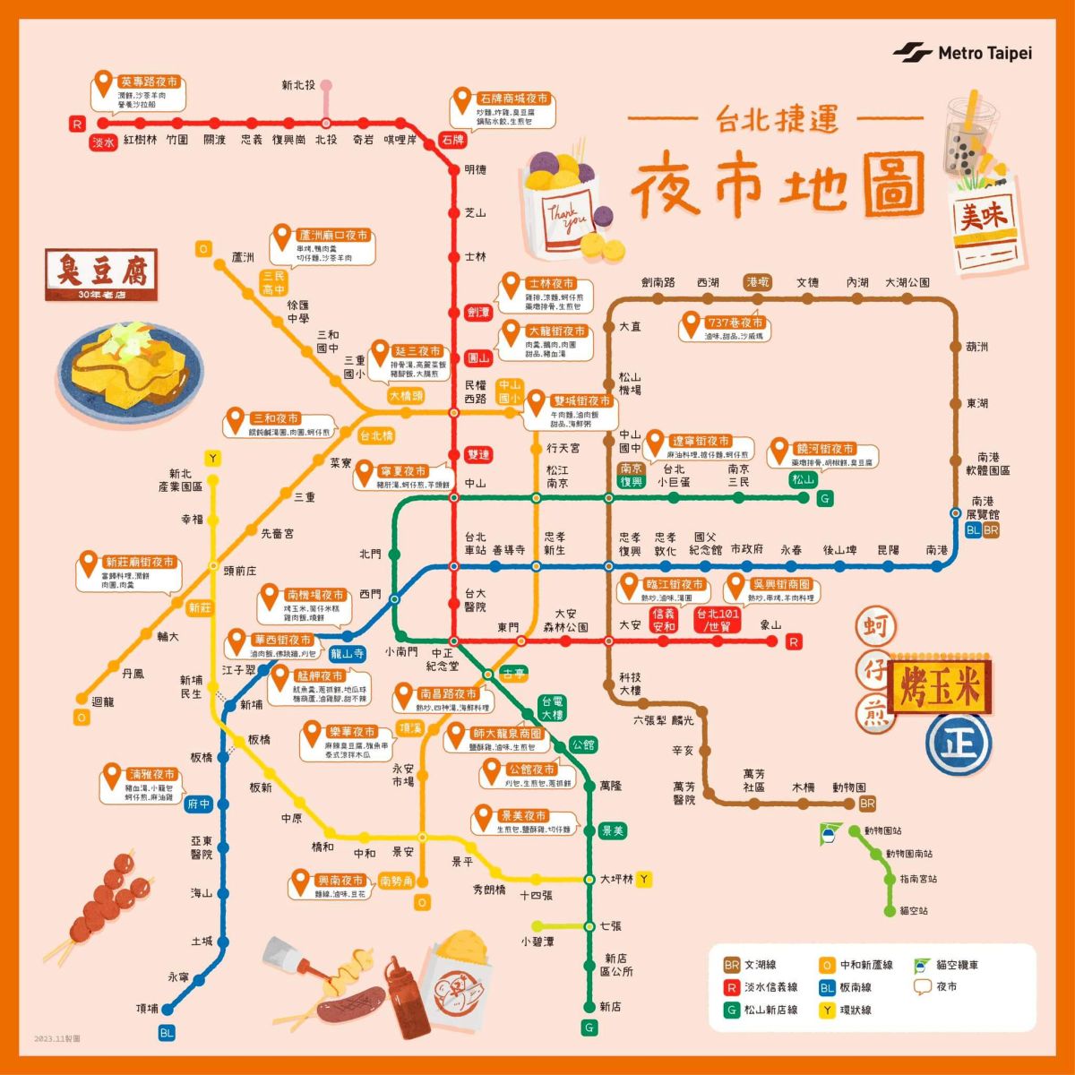 2024台北「捷運夜市地圖」！收錄５大路線、25大夜市、小編推薦13攤美食