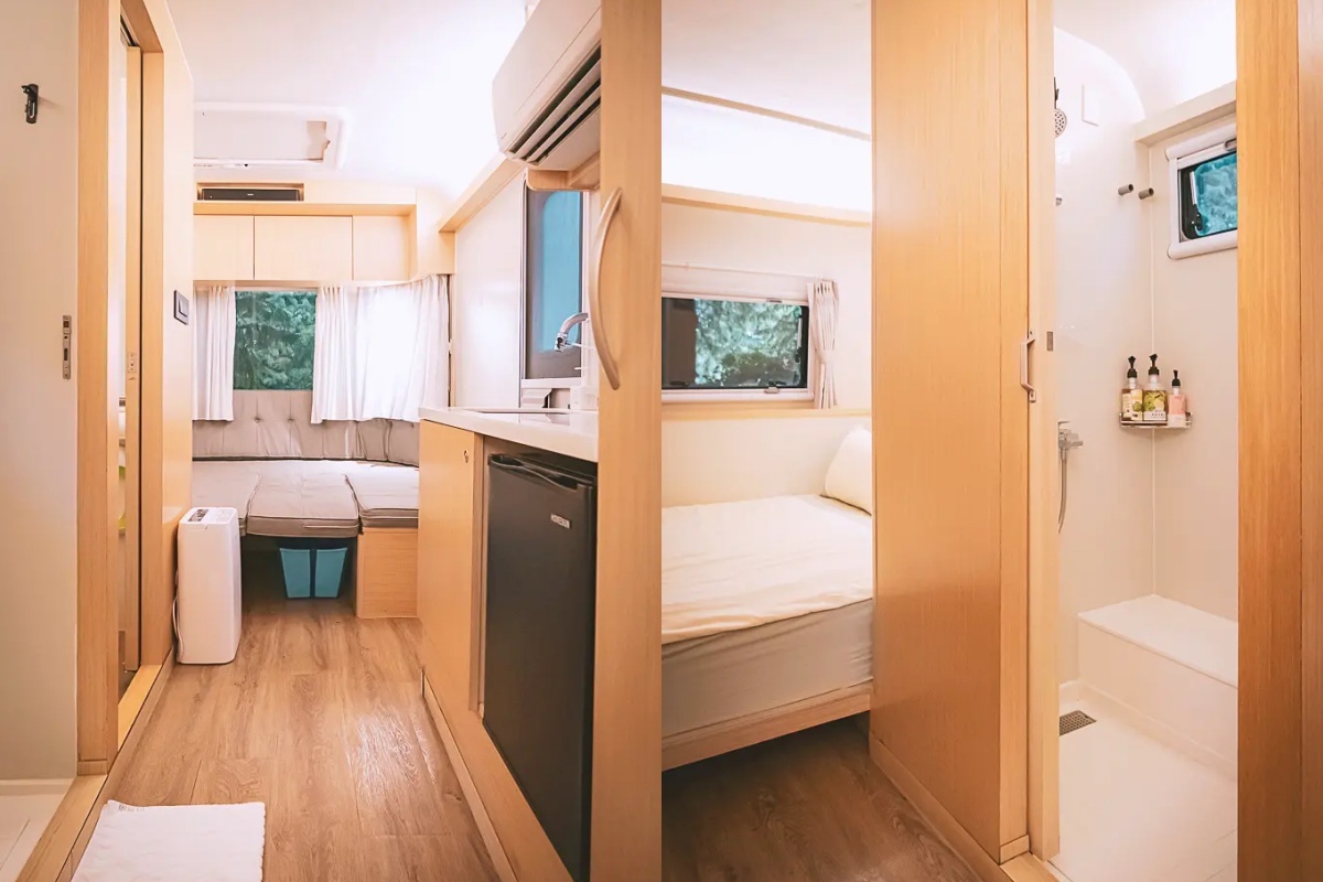 自然捲北歐風格旅店露營車內有私人衛浴，環境舒適就像是住飯店。