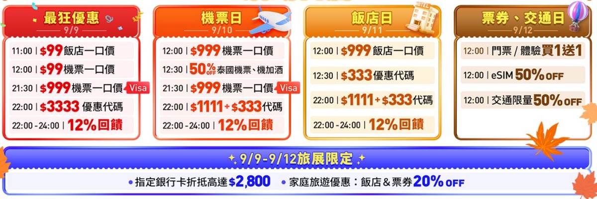 快閃４天搶！首爾、大阪機票只要999元，五星飯店99元起、38款門票買一送一