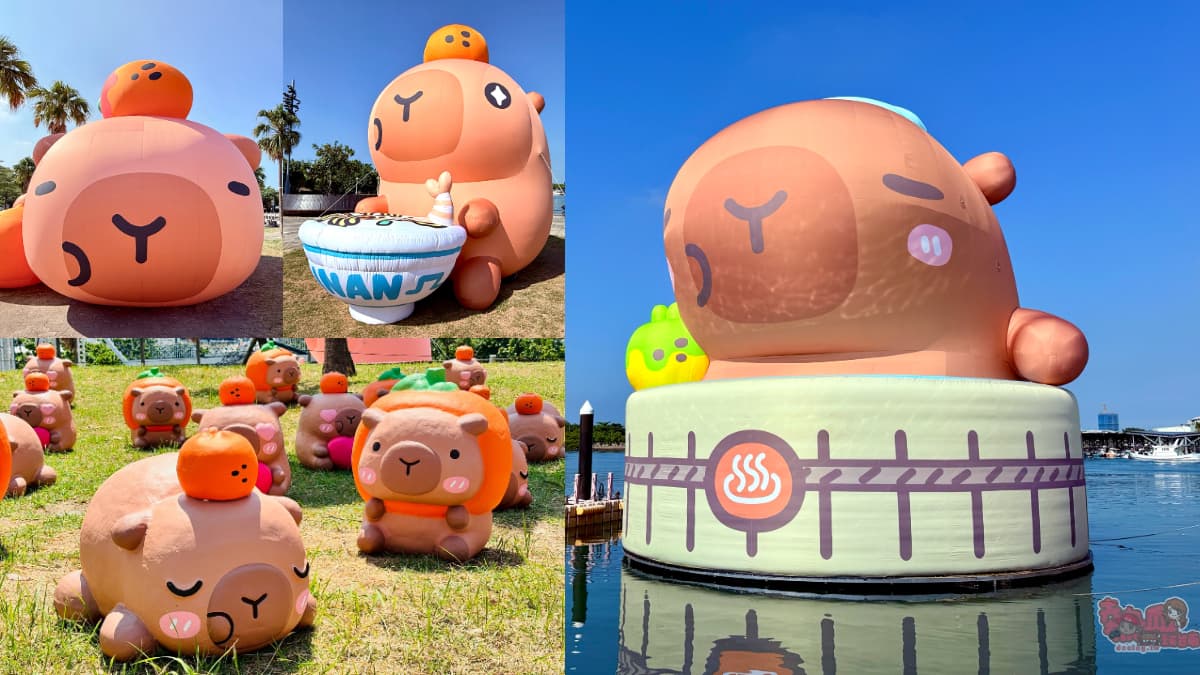 12米巨大「卡比胖拉」現身台南！50隻超萌水豚大舉登陸安平，夜晚有燈光秀