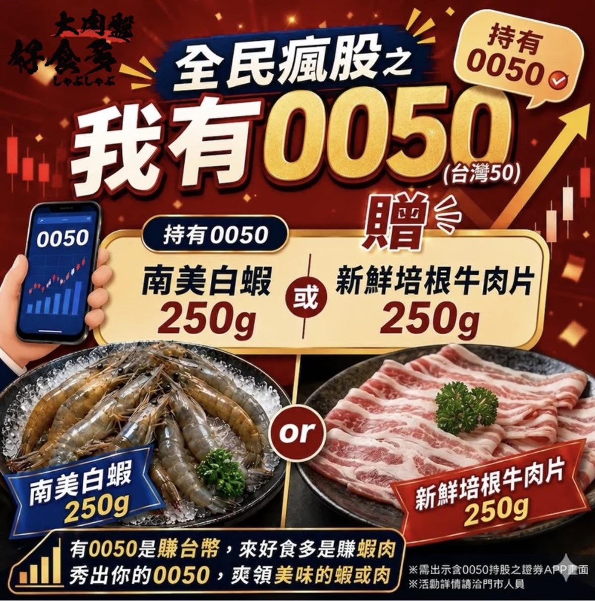 「0050」股民站出來!超狂火鍋「出示持股」肉量免費加倍,1股也送白蝦 「0050」股民站出來!超狂火鍋「出示持股」肉量免費加倍,1股也送白蝦