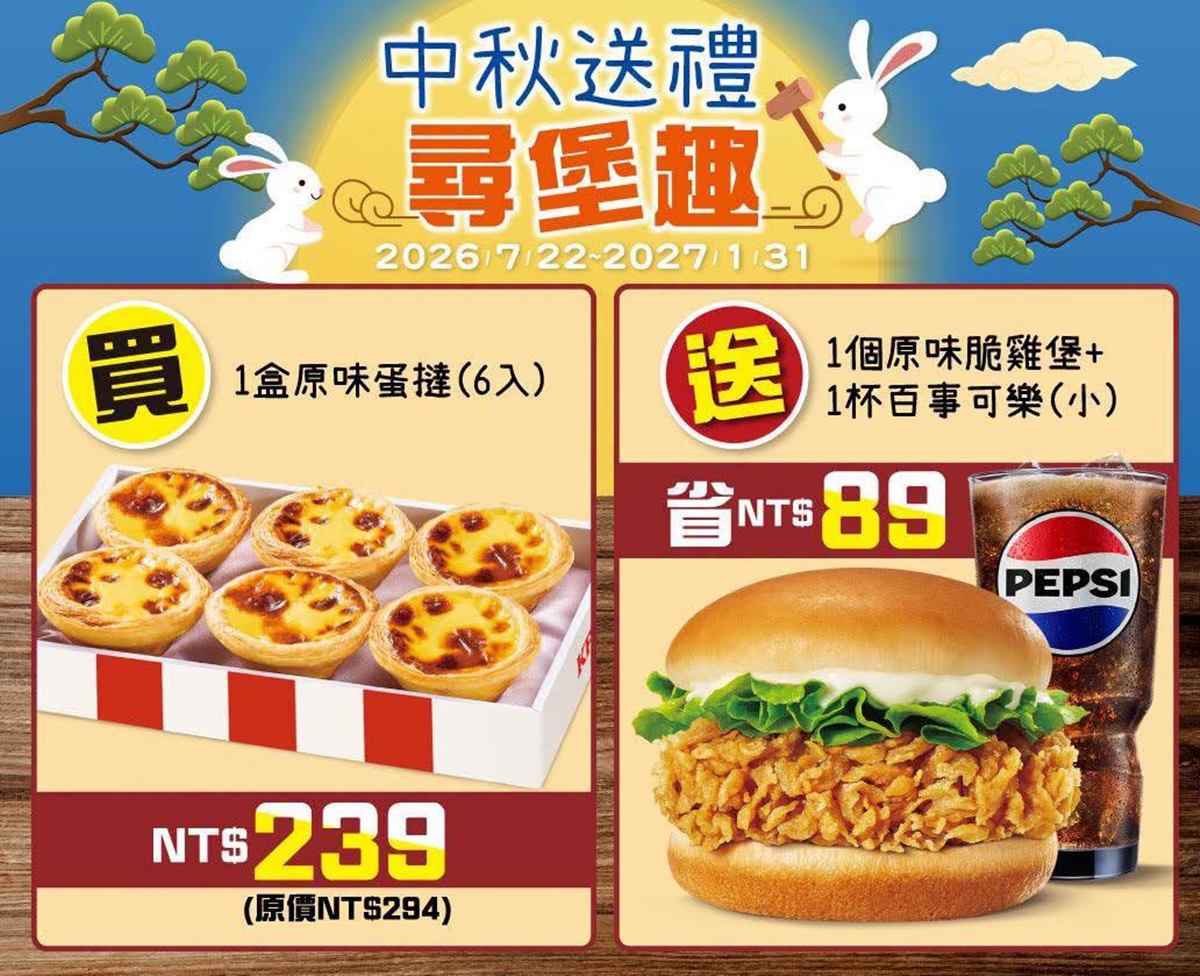 「肯德基蛋塔買一送一」快閃！免費送咔啦脆雞堡、蛋塔，加碼搶３款優惠碼
