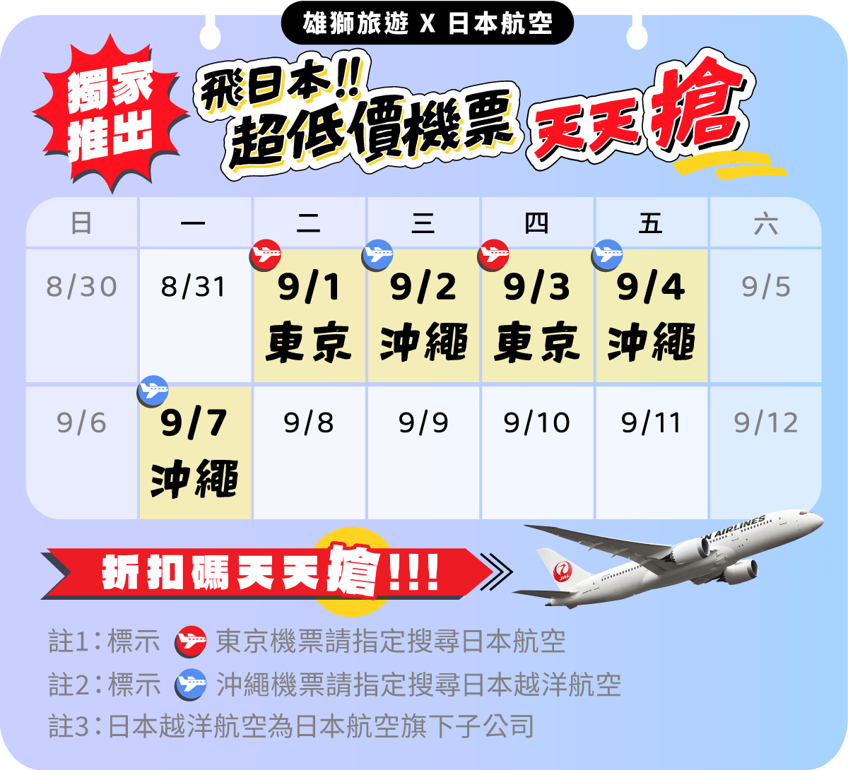 ９月日本航空機票優惠！全航線85折起，東京、沖繩來回最低3888元限量開搶