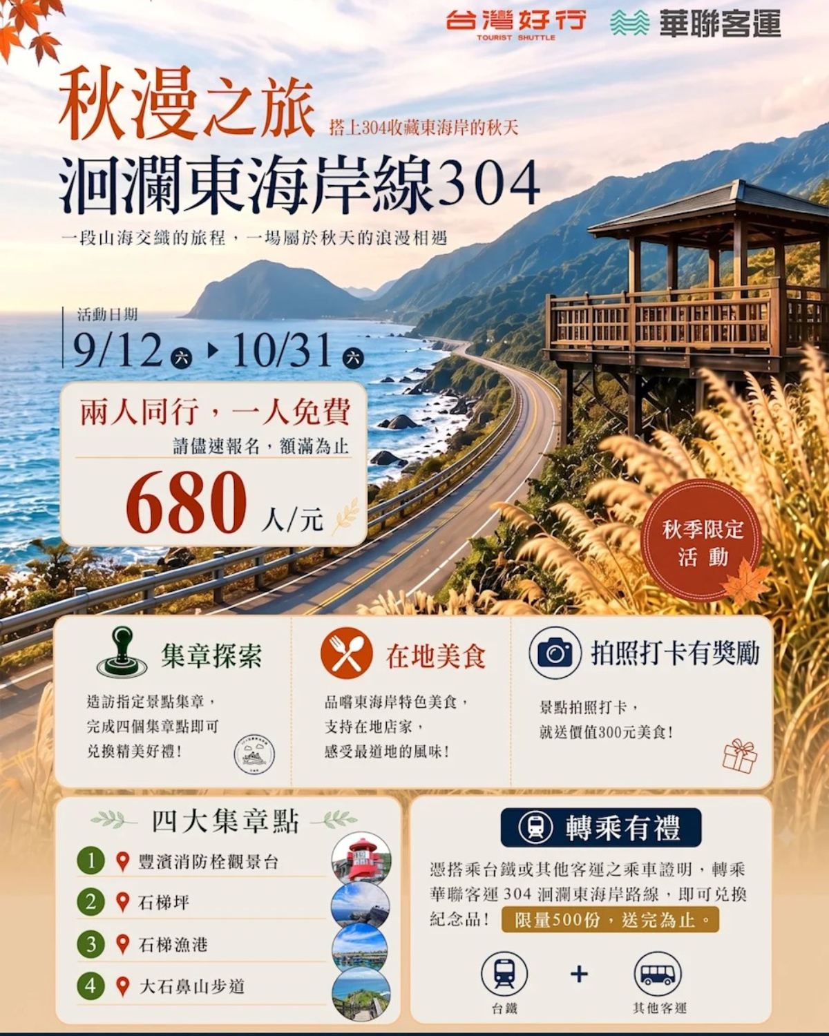 秋季暢玩東海岸！２人同行１人免費優惠，搭「郵輪式公車」玩花蓮５大景點