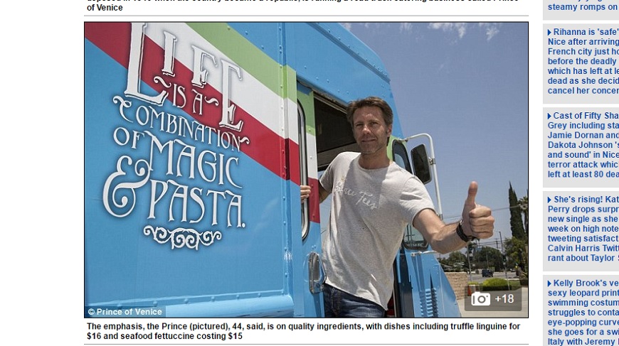 王朝落幕沒關係，義大利最後的王子菲利伯托改開餐車賣義大利麵。圖／翻攝自Daily Mail