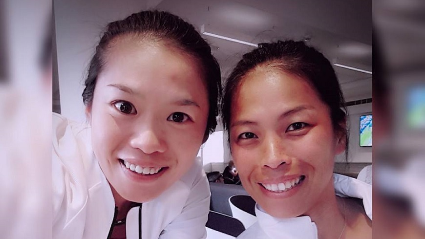 莊佳容(左)原本7月初還在臉書發出與謝淑薇(右)的合照，開心兩人搭檔出賽雙打。圖／截取自莊佳容臉書