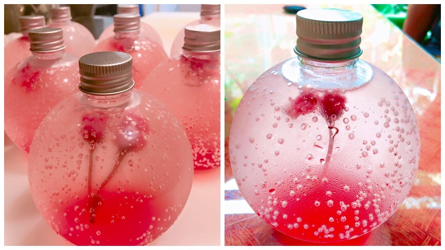 日本之前流行一款櫻花酒，被不少遊客視作必買伴手禮，現在有業者從日本進口可食用櫻花，加上粉紅色的汽水，裝進透明的球型瓶子中，打造超夢幻的「櫻花炸彈」，成為少女必喝的飲料。
