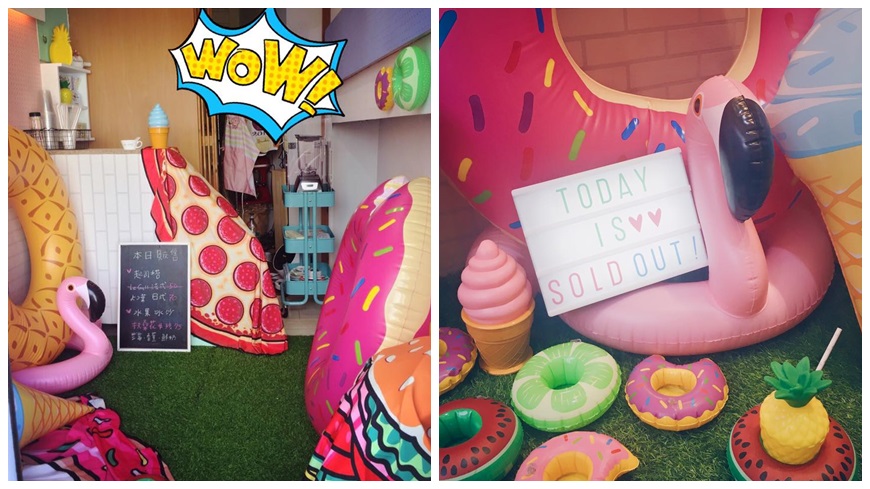 台南有一間甜點專賣店在店裡、店外擺出各式各樣造型泳圈，粉嫩顏色和可愛造型，最近在臉書、IG上爆紅。