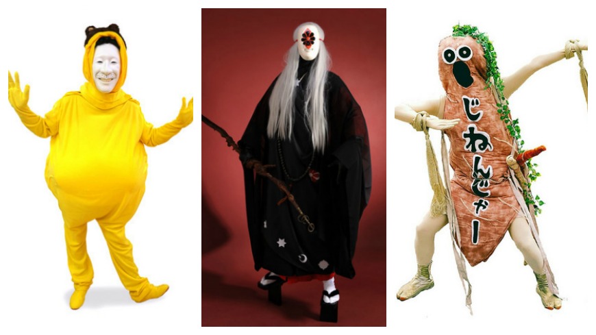 今年不少特別的吉祥物，顛覆大眾想像，左起老怪貓、婀魔照朱吽、番薯人。（圖翻攝自／yurugp.jp）