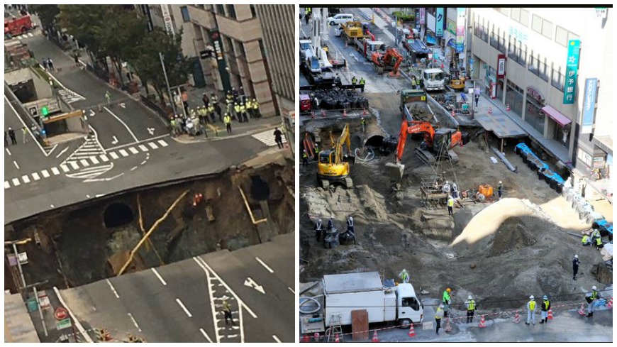 博多站前馬路大崩塌（左／擷取自Twitter）、現已填補完成（右／翻攝自朝日新聞）