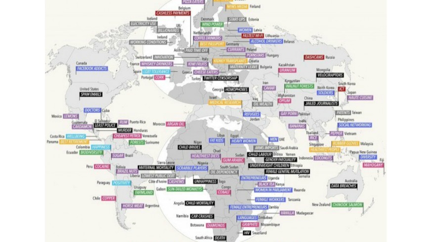 informationisbeautiful網站上公布一張有趣的世界地圖，標註各國家「世界第一」的事蹟、產品等，像是英國有世界最多的「億萬富翁」、立陶宛的「Wifi」是世界最快，台灣則是擁有最多專利。