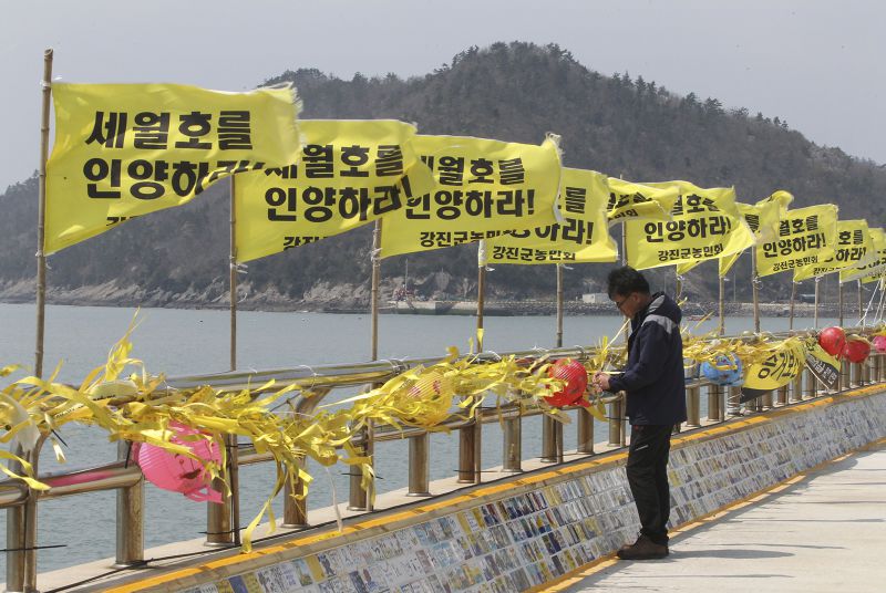 韓國用黃絲帶來悼念世越號的犠牲者。圖／美聯社