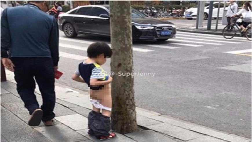 男童在路邊對著行道樹撒尿，做母親的不制止還大讚「寶貝你好棒！」(圖／翻攝自微博)
