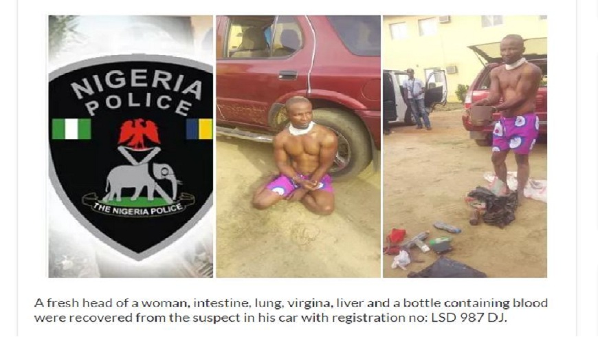 奈及利亞一名男子被發現車內藏有女性頭顱和其他器官，他聲稱是要作法用的。(圖／翻攝自Information Nigeria)