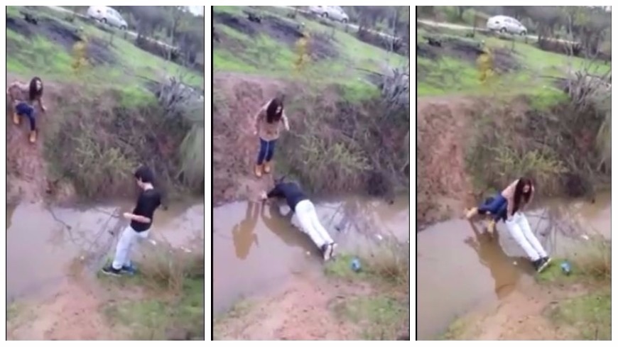 智利一名嫩男展現英雄救美，化身人肉拱橋讓女伴過度爛泥，但自己最後卻摔進去。(圖／翻攝自臉書粉絲團)