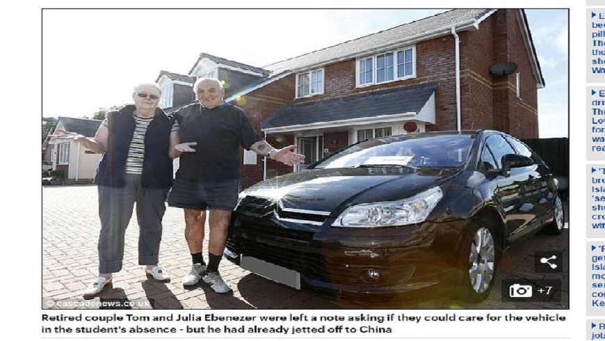 一名留英的陸生把車停在別人家門口，還要屋主幫忙照顧車子。(圖／翻攝自每日郵報)