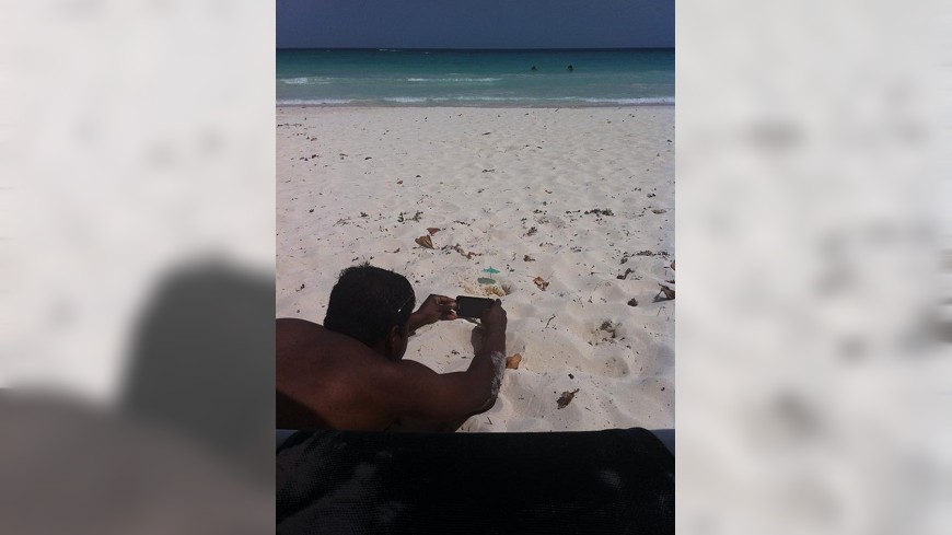 網友的老公趴在沙灘上20分鐘，只為捕捉螃蟹的身影。圖／imgur