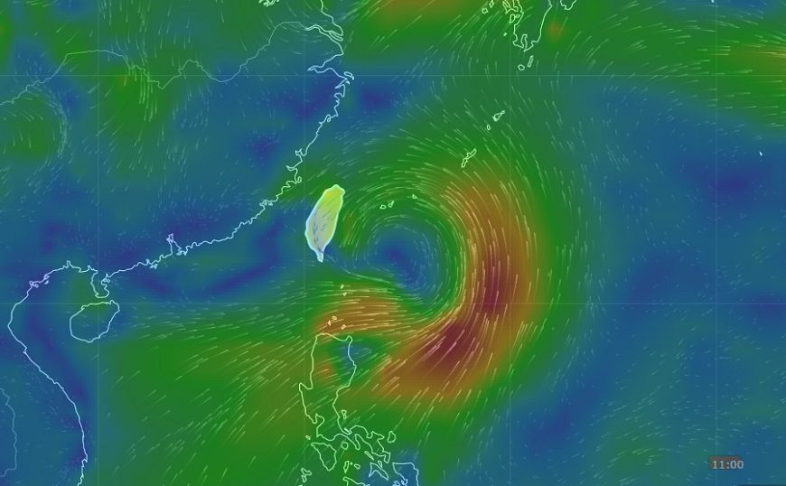 下週四、五熱帶低壓恐發展成颱風強度，威脅台灣，圖為24日風場預報顯示圖。圖／中央氣象局