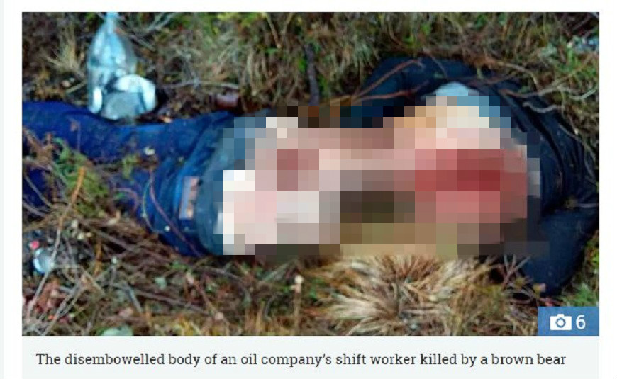 西伯利亞一名鑽油工人遭到棕熊襲擊，不但臟器被啃光，脊追骨還外露。(圖／翻攝自太陽報)