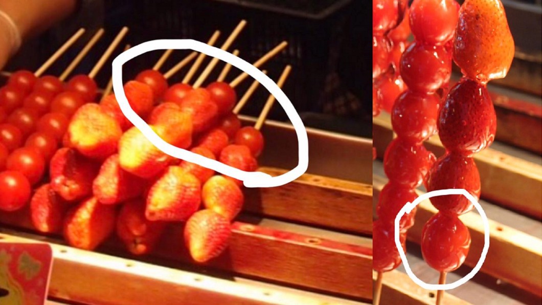 有民眾買草莓糖葫蘆，吃到最後一顆是番茄。圖／爆怨公社