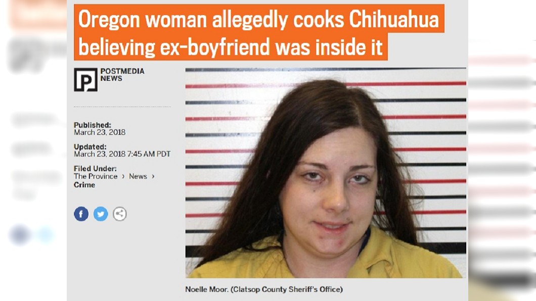 美國一名女子將愛犬放入烤箱烘烤致死，被捕時，辯稱「以為前男友附身在狗身上」，相當荒謬。圖／翻攝自《The Province》，下同