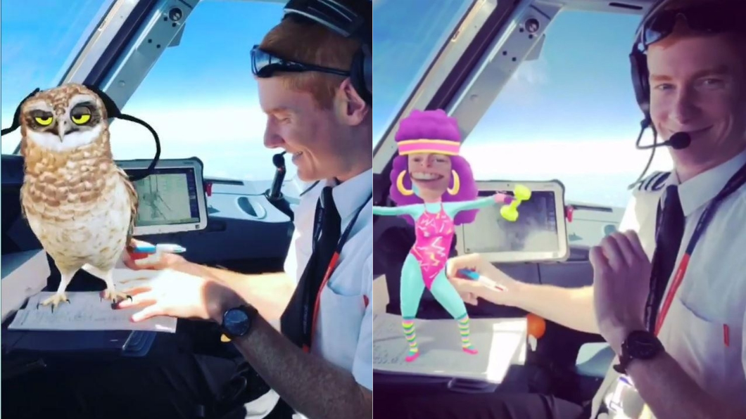 機長用Snapchat拍攝副機長，並加上應用程式的特效。圖／翻攝自英國太陽報
