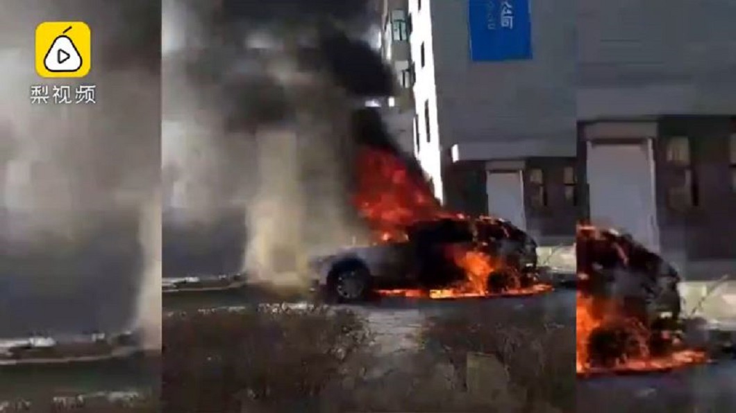 圖／梨視頻 陸女油加太滿遇靜電　轎車起火燒成空殼