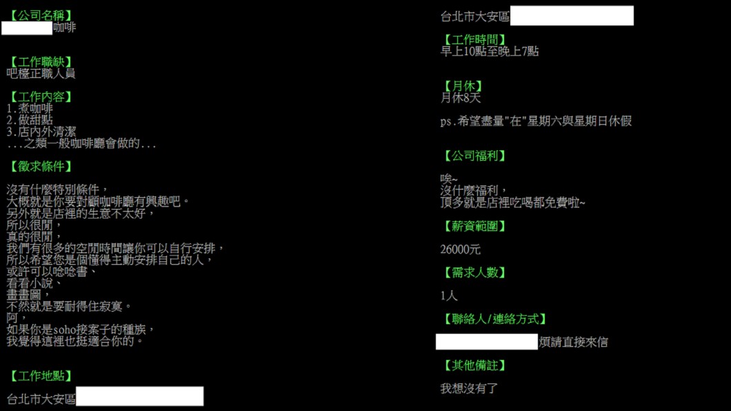 咖啡廳老闆用厭世口吻說明徵人條件,引起網友討論。圖/翻攝自 PTT