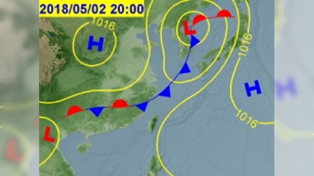 5月2日將再有一波鋒面報到，類似梅雨鋒面的特性。圖／中央氣象局