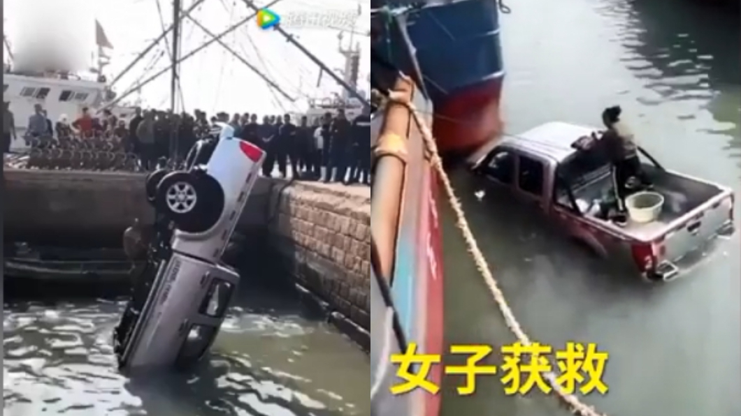皮卡車被打撈上岸。圖/翻攝自騰訊影音