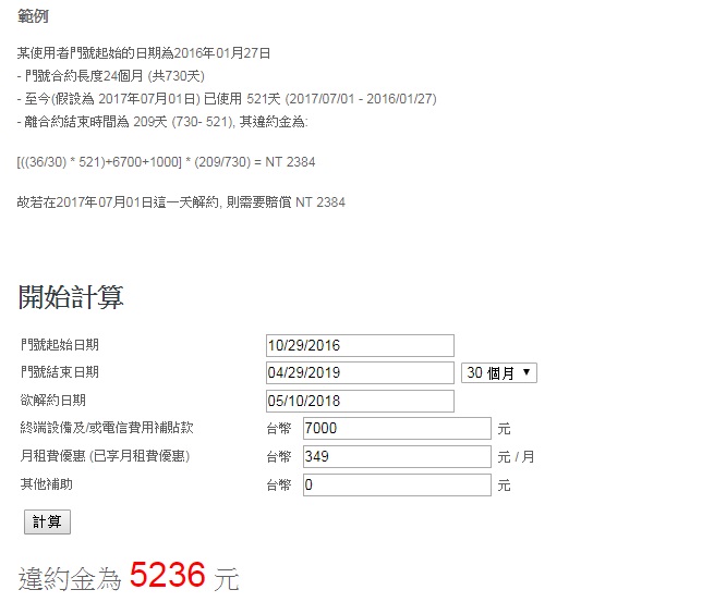 填上費率以及合約長度，輸入金額後，線上計算機就會算出大致違約金額。