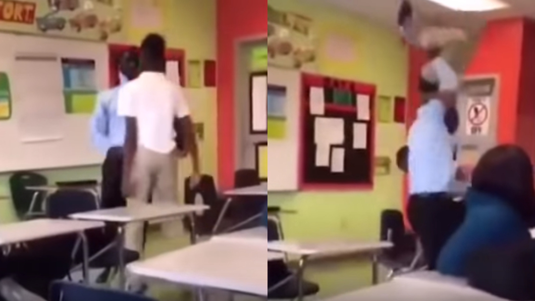 圖／翻攝自YouTube 屁孩教室裡攻擊老師　反遭「過肩重摔」痛毆一頓