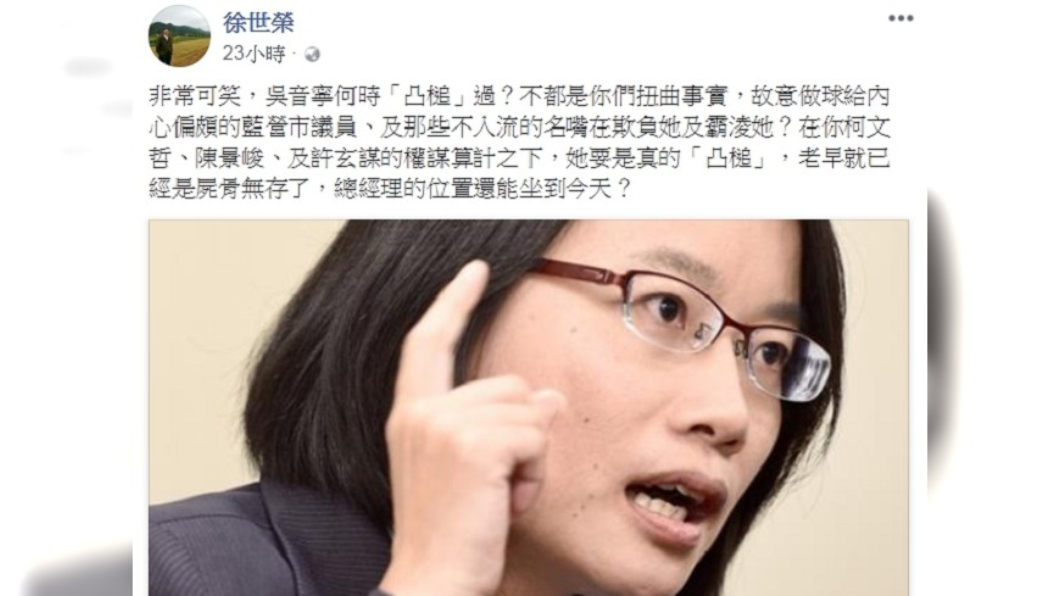 政大教授徐世榮臉書上力挺吳音寧。圖/翻攝自臉書