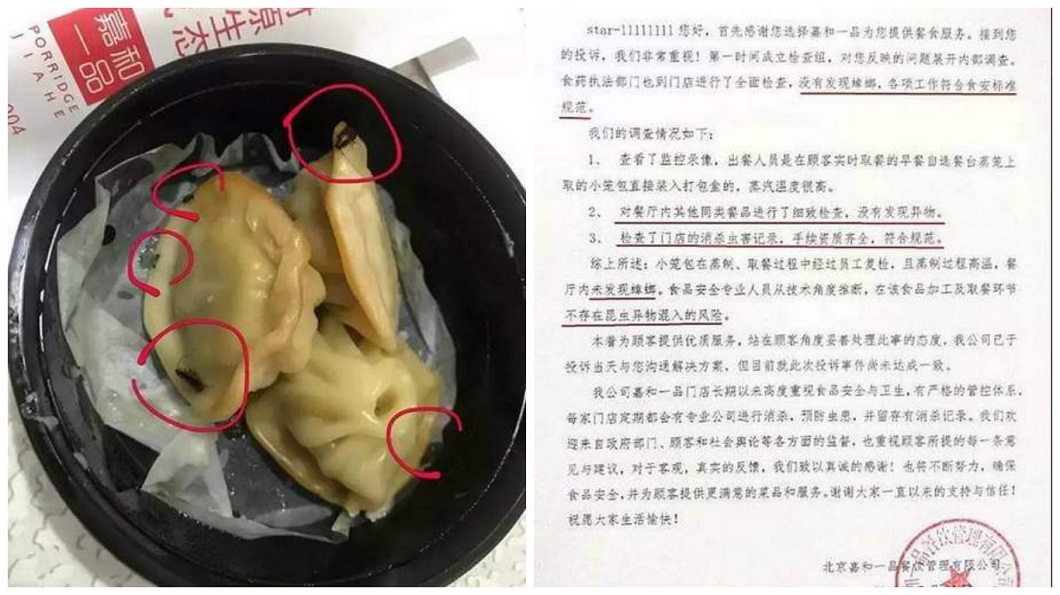 北京有男子點了外賣，驚見小籠包內有5隻小強，向店家反映對方卻卸責。(圖／翻攝自搜狐) 吃小籠包驚見5蟑螂狂吐　店家掰：無異物