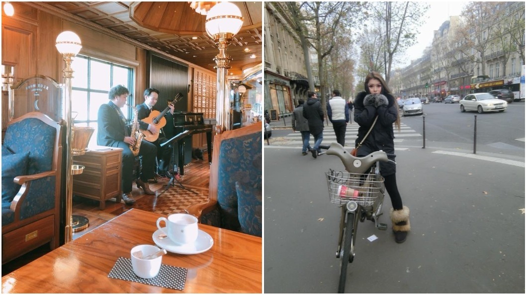 (左圖) 殷琦和男友同遊日搭乘的豪華列車。圖/翻攝自殷琦臉書