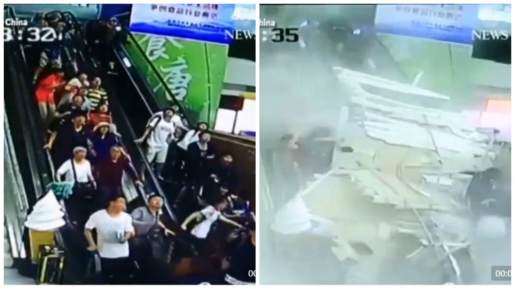 大陸陝西華山遊客中心發生天花板掉落意外，有多位遊客因搭乘手扶梯閃避不及當場被砸傷。(圖／翻攝自陸網)