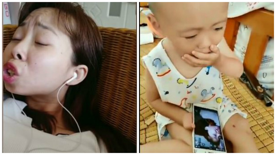 有家長把嘟嘟姐的影片給1歲半的孩子看，結果他露出嘔吐的動作。(圖／合成圖，翻攝自YouTube和微博)