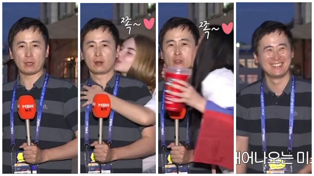 南韓一名男記者到俄羅斯採訪世足賽時，連遭2正妹強吻，他開心到笑咪咪。(圖／合成圖，翻攝自YouTube)
